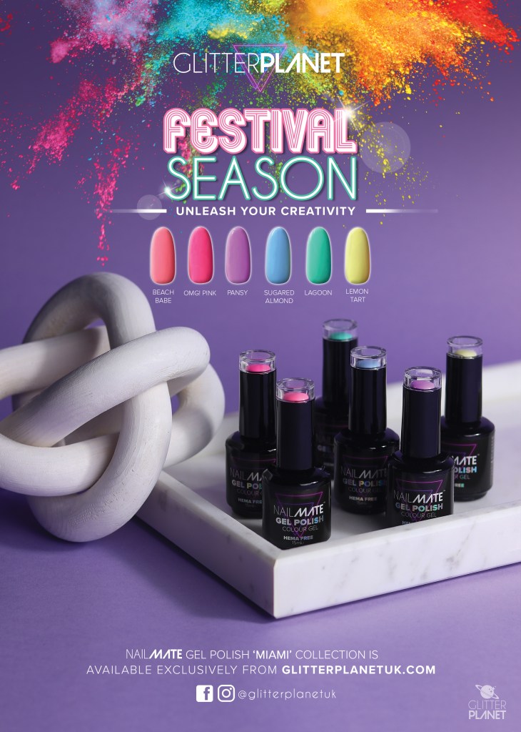 bright festival gel polish nail colours on a poster 